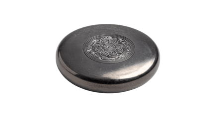 A flat steel paperweight with etched logo variant 101, white background --ar 16:9