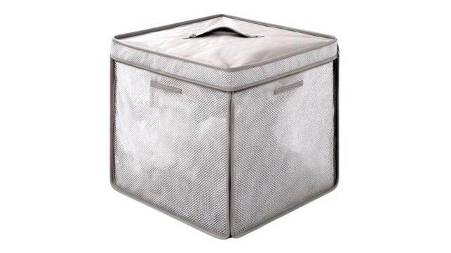 A foldable mesh storage cube with zipper top variant 3470, white background --ar 16:9