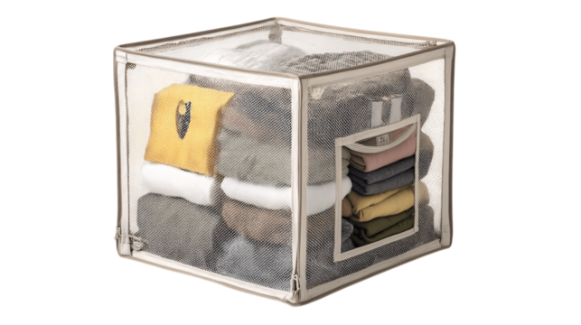 A foldable mesh storage cube with zipper top variant 2090, white background --ar 16:9