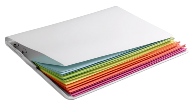 A glossy paper file sleeve with tabs variant 7670, white background --ar 16:9