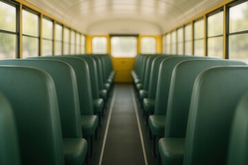Fototapeta premium Pristine Interior of an Empty School Bus Featuring Neatly Arranged Green Seats and Sunlit Windows Creating a Calm and Serene Atmosphere for Both Students and Schools Seeking Transport Solutions