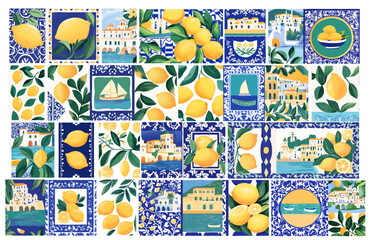 Italian, amalfi, taormina, sicily style vacation hand drawn vector set, poster style, vector elements design, doodle small town panorama, coastal, lemons, boat, tile.