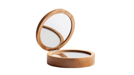 A hinged wood makeup mirror with base variant 270, white background --ar 16:9