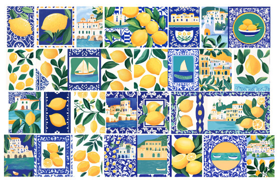 Italian, amalfi, taormina, sicily style vacation hand drawn vector set, poster style, vector elements design, doodle small town panorama, coastal, lemons, boat, tile.