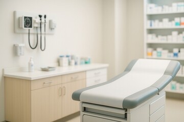 Modern Medical Clinic Interior Featuring Examination Table and Medical Equipment With Shelves Stocked With Supplies