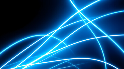 Dark abstract background with blue neon glowing lines. Bold neon blue light trails on a dark surface, creating a striking and futuristic effect. Perfect for tech, digital design themes