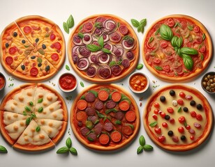 an image of various pizzas with different toppings arranged in a horizontal line on the left side with a white background