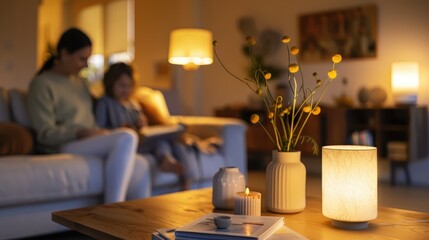 A warmly lit living room with a modern wooden table, decorative vases, and candles. In the background, two people sit comfortably on a sofa, creating a peaceful and homey scene