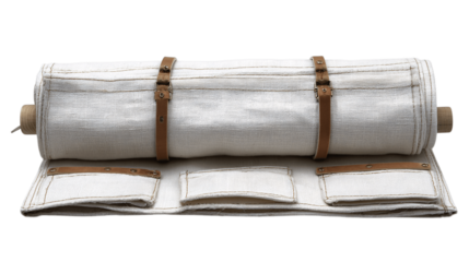 A linen utility roll with stitched pockets variant 9888, white background --ar 16:9
