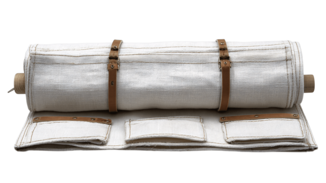 A linen utility roll with stitched pockets variant 9888, white background --ar 16:9
