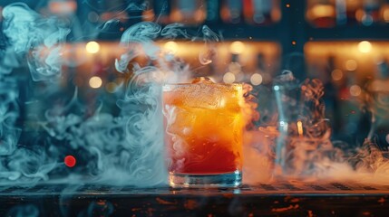 A single orange cocktail with ice sits on a bar, surrounded by dramatic swirling smoke and sparks, capturing the excitement and artistry of modern mixology