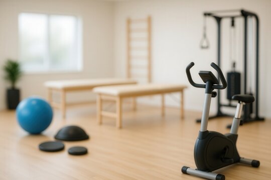 Modern Rehabilitation Room With Exercise Equipment Including Stationary Bike, Exercise Ball, And Weights For Physical Therapy In Bright Minimalistic Interior With Wooden Floor