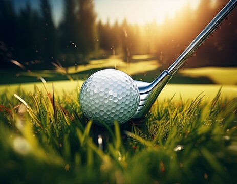 close up of golf ball in deep grass with club ready for a shot on golf course n generative ai
