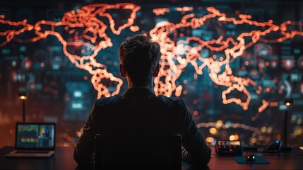 A cybersecurity expert sits in a dark control room, facing a glowing world map display and multiple monitors, analyzing global cyber threats in a high-security, high-tech environment
