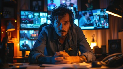 Fototapeta premium A sports journalist sits at a desk in a dimly lit room, surrounded by multiple monitors displaying sports footage, deeply focused on analysis and reporting in a modern newsroom