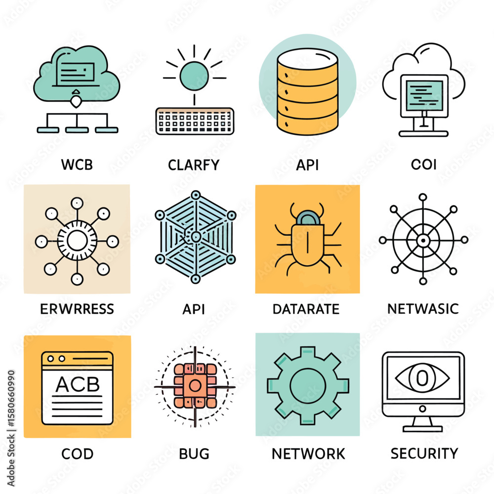 Fototapete twelve abstract technology icons with labels computer