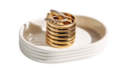 A stacked ring tray in porcelain finish variant 8085, white background --ar 16:9