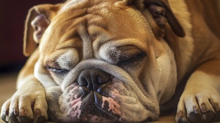 Close-up of a Relaxed Bulldog Dog Resting with Closed Eyes on Soft Surface Showing Calm Expression and Wrinkled Facial Features in Warm Indoor Lighting