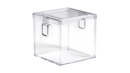 A transparent storage cube with lid handle variant 1198, white background --ar 16:9