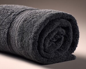 Soft Black Cotton Towel Rolled Up On White Surface With Subtle Shadows And Smooth Texture For Bathroom Or Spa Decoration