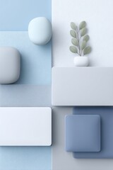 Minimalistic modern home decor with pastel color palette including potted plant, geometric shapes, and textured surfaces for a stylish interior design