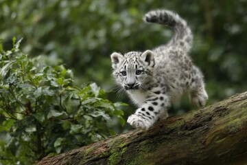 Adorable baby snow leopard cub with distinctive black spots and blue eyes explo lush green forest terrain on a mossy log