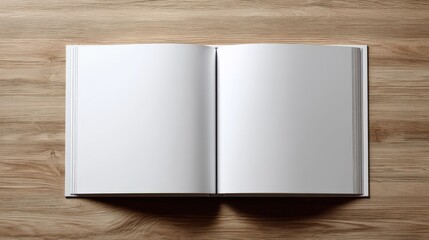 Open blank photo album with white pages lying flat on wooden surface for creative projects or picture display background