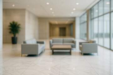 Sleek Corporate Lobby with Modern Furniture and Large Windows Creating a Bright and Spacious Environment for Business Meetings and Client Collaborations