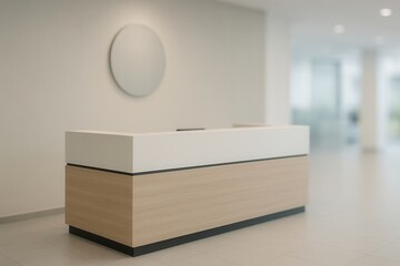 Sleek Modern Reception in Minimalist Office Environment with Neutral Tones and Contemporary Design Elements for Stylish Business Spaces