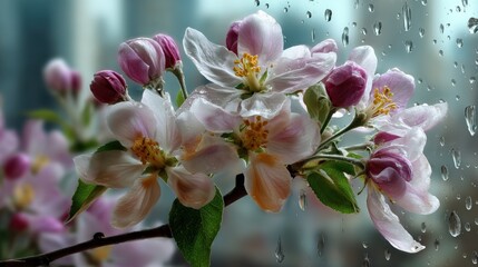 Obraz premium Close-up of delicate pink and white blossoms with yellow stamens on a branch with green leaves, raindrops on window in background