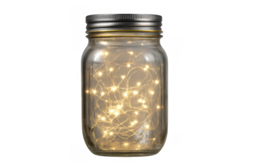 Glowing fairy lights nestled inside glass jar, casting soft illumination against transparent background, radiating cozy ambient warmth