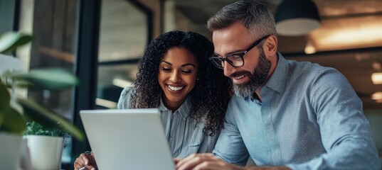 Friendly diverse colleagues collaborating on laptop in office, Black female executive and Caucasian male manager reviewing work together, professional color grading and soft lighting