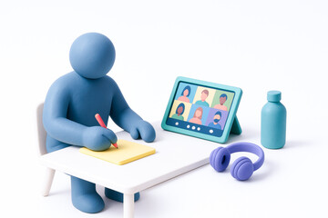 Blue figurine sitting desk with tablet showing video call, writing notepad with pen, surrounded by water bottle and headphones, illustrating remote work and digital communication creative workspace