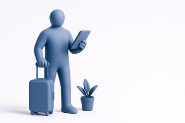 3D rendered figure holding smartphone and suitcase standing next to potted plant, conveying sense of travel and connectivity, with focus on remote work and digital nomad lifestyle