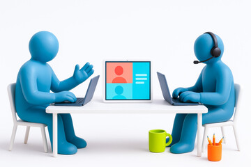 Two blue humanoid figures engaging in virtual meeting with laptops, one wearing headset, in minimalistic setting with white table and colorful accessories