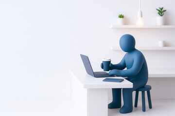 Blue humanoid figure working on laptop while holding coffee cup in minimalistic, bright workspace with plants and shelves, illustrating remote work and digital nomad lifestyle