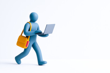 Stylized blue figure carrying yellow bag and using laptop while walking, representing modern remote work and digital nomad lifestyle, with clean white background