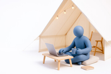 Digital nomad working in cozy tent with laptop and coffee, enjoying remote work in comfortable outdoor setting, creating peaceful work environment for productive day