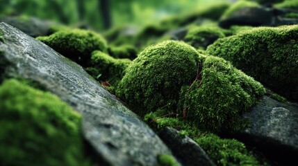 Close-up of vibrant green moss growing on textured stones in a natural outdoor setting with lush blurred background du daytime