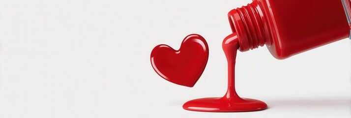 Red paint pouring in heart shape on white background.