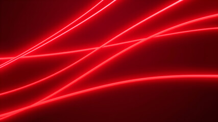 Dark abstract background with red neon glowing lines. Bold neon red light trails on a dark surface,...