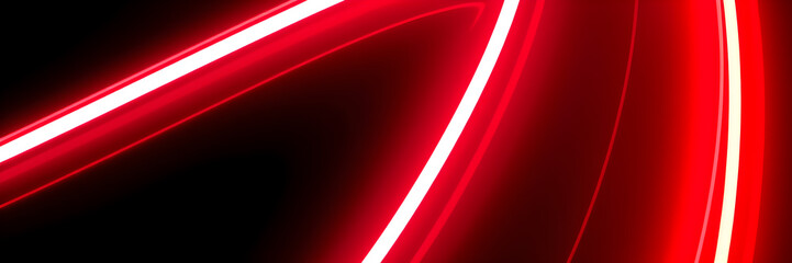Dark abstract background with red neon glowing lines. Bold neon red light trails on a dark surface,...