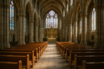 Fototapeta premium Sunlit Cathedral Interior With Stained Glass Windows And Wooden Pews Creating An Atmosphere Of Peaceful Reflection And Spiritual Ambiance In A Majestic Architectural Masterpiece