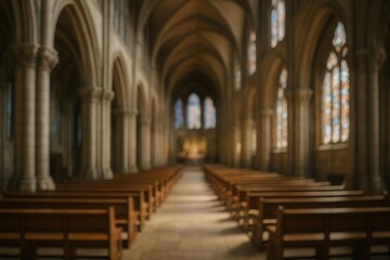Sunlit Cathedral Interior with Stained Glass and Wooden Benches in a Majestic Architectural Space