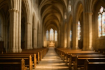 Fototapeta premium Sunlit Splendor in Cathedral Interior Architecture with Soaring Arches and Wooden Benches, Blurred Background Enhances the Majestic View, Creating a Peaceful Place of Worship with Natural Light