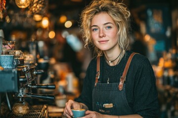 Young woman barista with curly blonde hair smiling while prepa coffee behind counter in cozy cafe setting du daytime