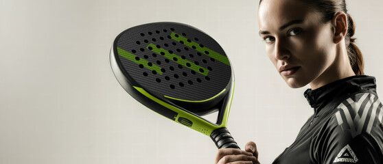 Studio portrait of a focused female padel player holding a modern padel racket. The athlete wears sleek sportswear and poses against a neutral background, emphasizing determination, performance, and c
