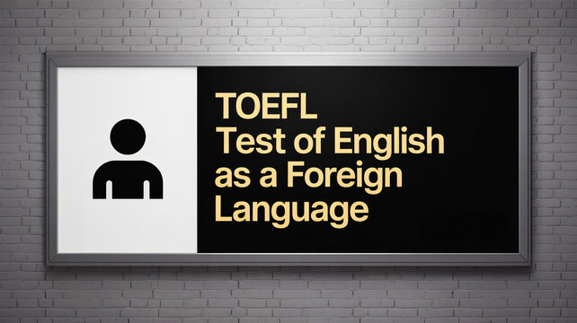 Black and white billboard with "TOEFL Test of English as a Foreign Language" text
