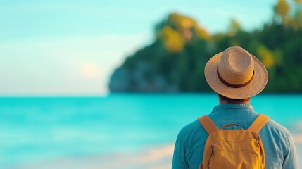 Backpacker enjoying scenic beach view in tranquil coastal landscape