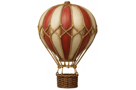 Vibrant red-and-white hot air balloon hovering above empty space, symbolizing travel excitement and boundless exploration